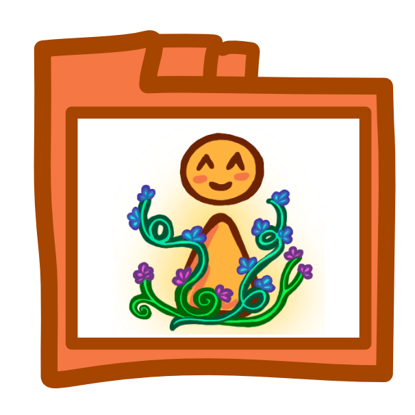 An orange file folder with 3 tabs across the top has a white rectangle on its front, inside the rectangle is a yellow figure with flowering vines and a golden glow behind it.